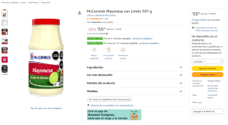 McCormick Mayonesa con Limón 507g por $55 en Amazon