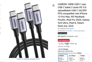 Ugreen 2 Pack USB C naar USB C Charger kabel 100W 65W Power voor €10m91 bij AMazon