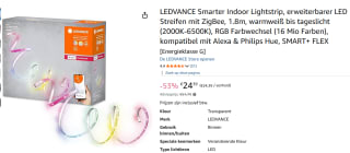 LEDVANCE Smarter Indoor Lightstrip, 1.8m voor €1.8m bij Amazon