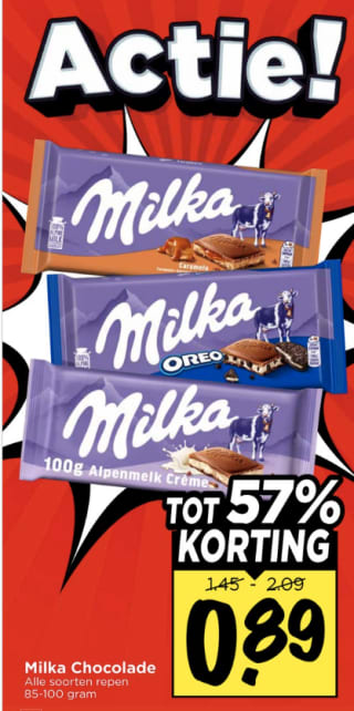 Alle Milka chocolade repen voor €0,89 bij Vomar