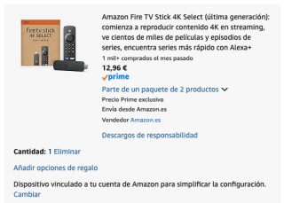 Amazon Fire TV Stick 4K Select (última generación) por 12.96€ (devolviendo producto)