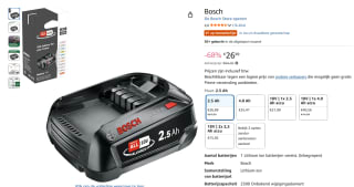 Bosch 18 Volt Lithium-Ion accu 2,5 Ah voor €26,89 bij Amazon