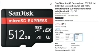 SanDisk 512GB microSD Express UHS-I A1 U3 880MB geheugenkaart voor €87,60 bij Amazon