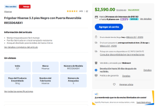 Frigobar Hisense 3.3 pies Puerta Reversible por $2,590 en Walmart
