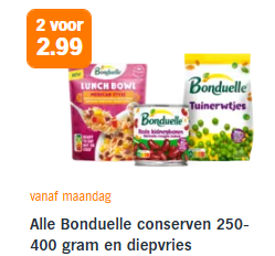 Alle Bonduelle conserven 250-400 gram en diepvries 2 stuks voor €2,99 bij de AH