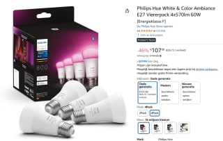 PHILIPS HUE Standaardlamp E27 800lm 4-pack voor €107 bij Amazon