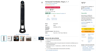 Ventilador Torre Honeywell 1,1 Negro 8 Velocidades por $874 | Amazon