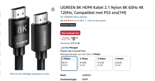 UGREEN 8K HDMI Kabel 2.1 Nylon 8K 60Hz 4K 120Hz voor €8,78 bij Amazon