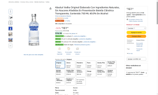 Absolut Vodka Original 750ml por $161 | Amazon