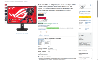 Monitor ASUS Gaming 27" 180Hz por $3,653 | Amazon (NU)