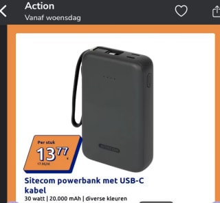 Sitecom powerbank met USB-C kabel 30 watt voor €13,77 bij de Action