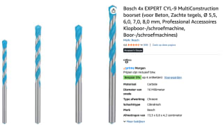 Bosch 4x EXPERT CYL-9 MultiConstruction boorset voor €8,64 bij Amazon