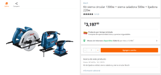Kit Sierra Circular 1300w + Sierra Caladora 500w + Lijadora 220w $3,197 | Home Depot