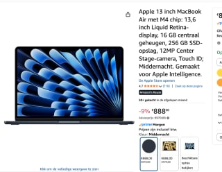 Apple MacBook Air 13-inch - M4 - Middernacht 2025 voor €888 bij Amazon