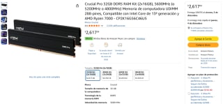 Kit RAM Crucial 32GB (2x16GB) 5600MHz por $2,617 | Amazon