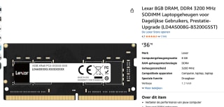 Lexar LD4AS008G-B3200GSST 8GB DDR4 3200MHz SODIMM voor €36,78 bij Amazon