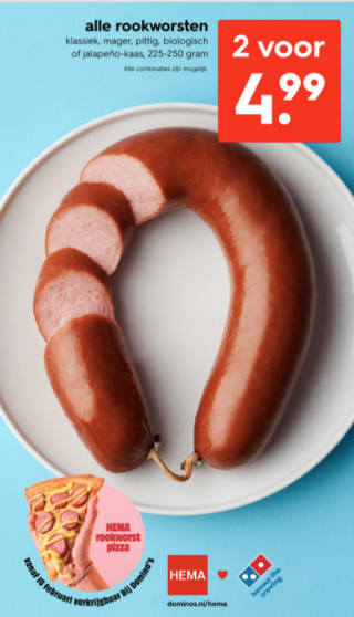 Alle Hema rookworsten 2 voor €4.99,