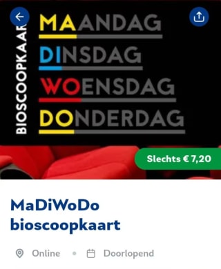 MaDiWoDo bioscoopkaart voor €7,20 met de VriendenLoterij VIP kaart