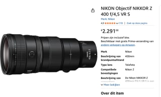 Nikon NIKKOR Z 400mm f/4.5 VR S voor €2291 bij Amazon