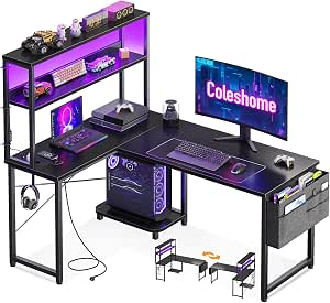 Coleshome Escritorio Gaming en L con LED y Enchufes, 110×80cm por 89,58€