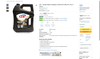 Aceite Motor Sintético LTH MAX-PRO-TEC 5W30 5L por $402 | Amazon