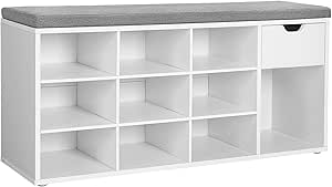 VASAGLE Shoe Storage Bench with Cushion, Drawer | Open Compartments, White and Grey,