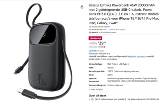 Baseus QPow3 Powerbank 45W 20000mAh voor €29,99 bij Amazon