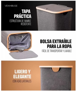 Venhoouse Cesta Ropa Sucia Plegable Borde Bambú 100L Gris $19.990 en Mundo Lider, Cl