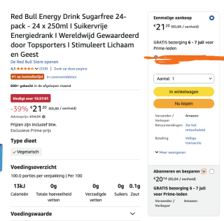 Red Bull Energy Drink Sugarfree 24 stuks voor 21,20 euro