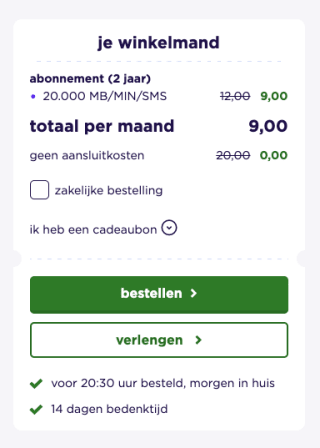 20GB Data + unlimited sms en min voor 9 euro