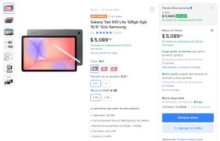 Samsung Galaxy Tab S10 Lite 128GB 6GB 10.9" por $3,850 en Mercado Libre