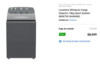 Lavadora Whirlpool Carga Superior 18kg Xpert System por $8,699 | Elektra