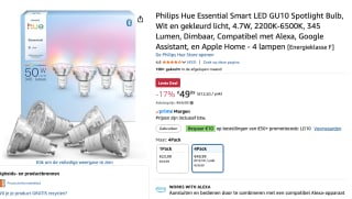 4-Pack Philips Hue Essential GU10 - slimme spot - 345 lm - 4,7 W voor €49,99