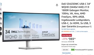 Dell S3423DWC USB-C 34" WQHD (3440x1440) monitor voor €393,58 met Amazon prime