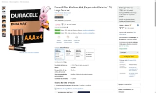 Duracell Pilas AAA 1.5V 4 Unidades por $71 | Amazon