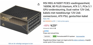 MSI MEG Ai1600T PCIE5 voedingseenheid, 1600W, voor €429 bij Amazon