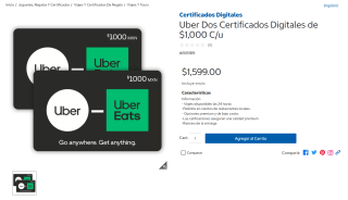 Dos Certificados Digitales Uber de $1,000 C/u por $1,299 en Costco