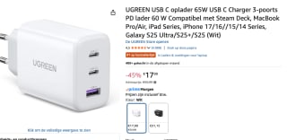 UGREEN USB C oplader 65W USB C Charger 3-poorts voor €17,99 bij Amazon