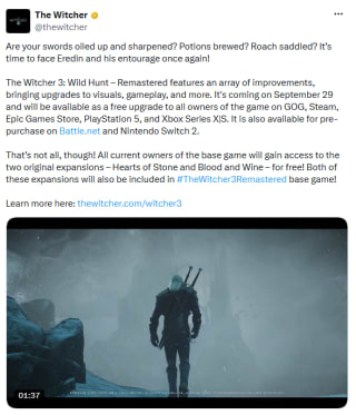 The Witcher 3: Wild Hunt – Remastered gratis para propietarios en The Witcher