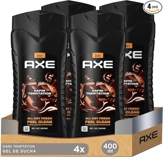 2 Packs de 4 Unidades Axe Gel de Ducha y Champú Dark Temptation 3 en 1 por 14,83€