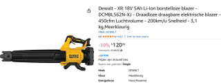 DeWalt DCMBL562N - 18V XR Accu Bladblazer Body voor €120,99 bij Amazon