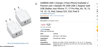 2 stuks UGREEN 20W USB-C/USB-A GaN Opladers voor €12,33 bij Amazon