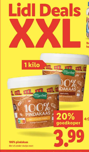 1 KG 100% pindakaas voor €3,99 met de Lidl plus app
