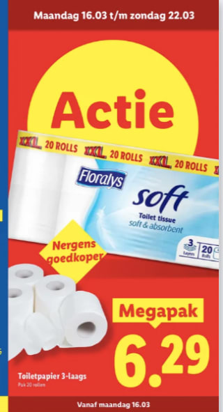 Floralys Toiletpapier 3-laags 20 rollen voor €6,29 bij de Lidl