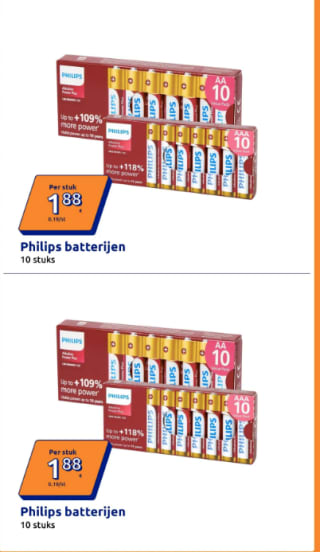Philips Power Plus batterijen AA of AAA (10 stuks) voor €1,88 bij Action