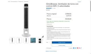 OmniBreeze Ventilador Torre WiFi 5 Velocidades por $529 | Oferta Costco