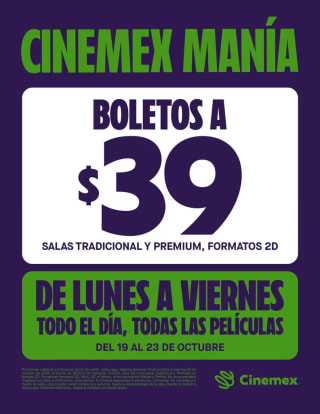 Cinemex Manía: Boletos Tradicional y Premium por $39 en Cinemex