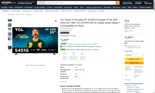 Pantalla TCL 55 Pulgadas 4K UHD por $4,123 | Amazon (Santander)