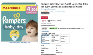 Pampers Baby-Dry Maat 4, 204 Luiers voor €46,63 bij Amazon