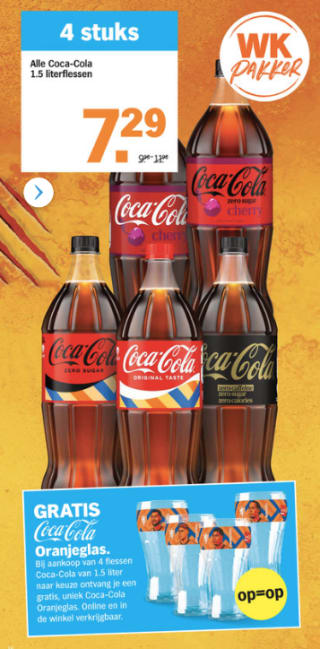 Alle Coca-Cola 1.5 literflessen (met gratis WK glas bij 4 stuks) voor €7,29 bij de AH